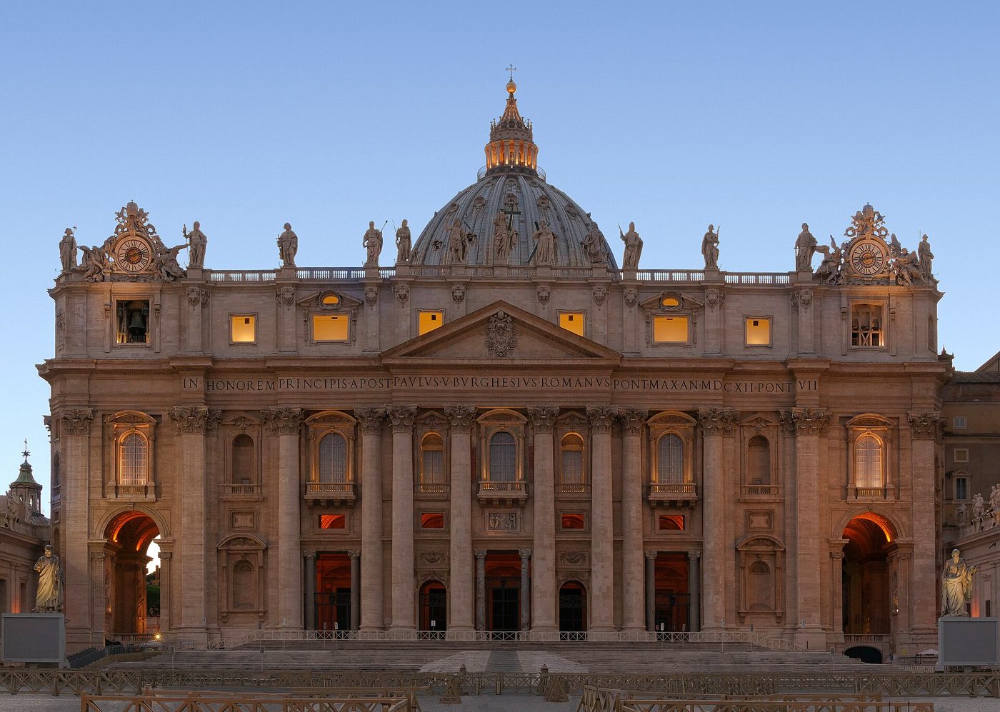 Facade of St Peter's Basilica at blue hour