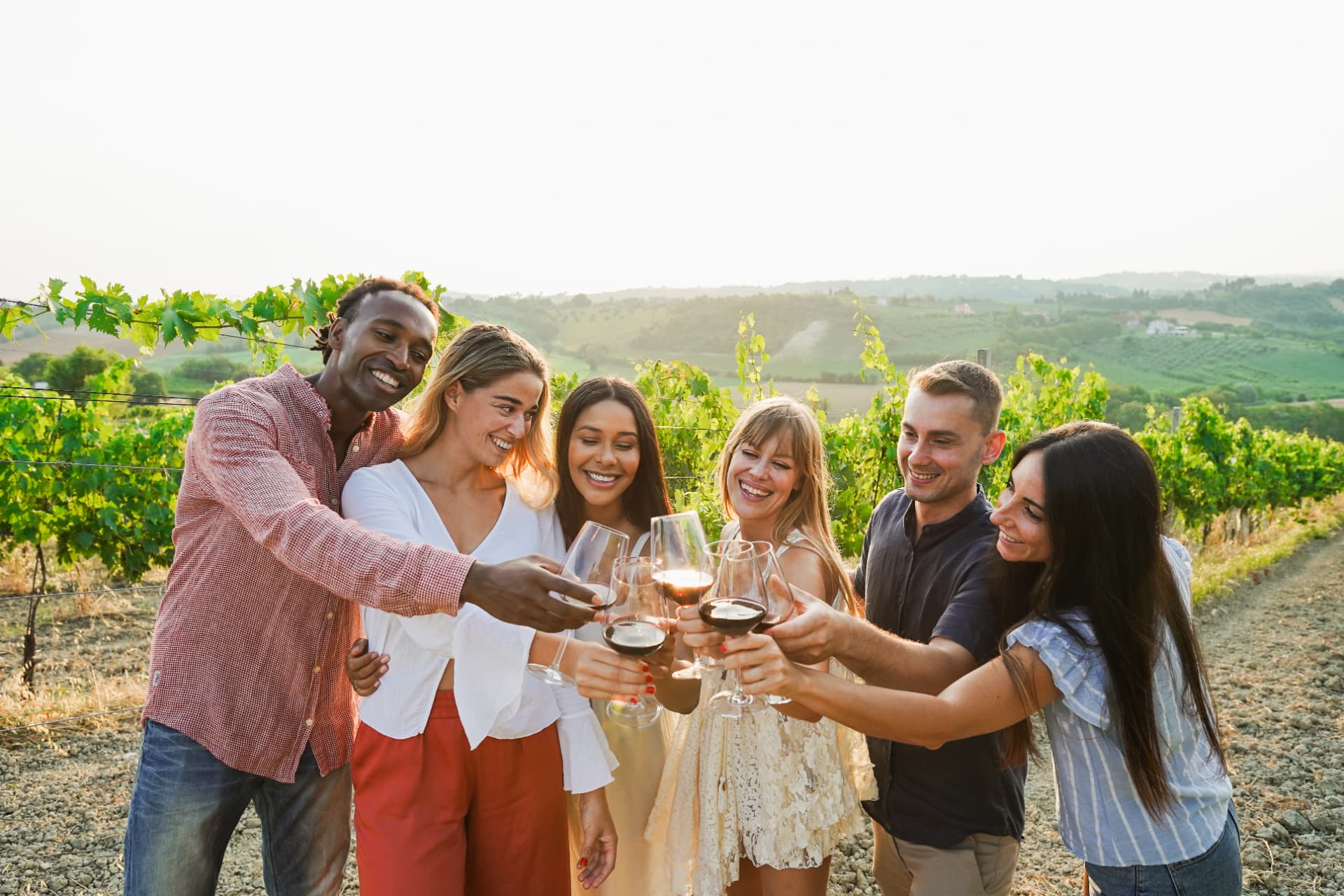 Friends toasting with wine glasses among the vineyards of Tuscany
