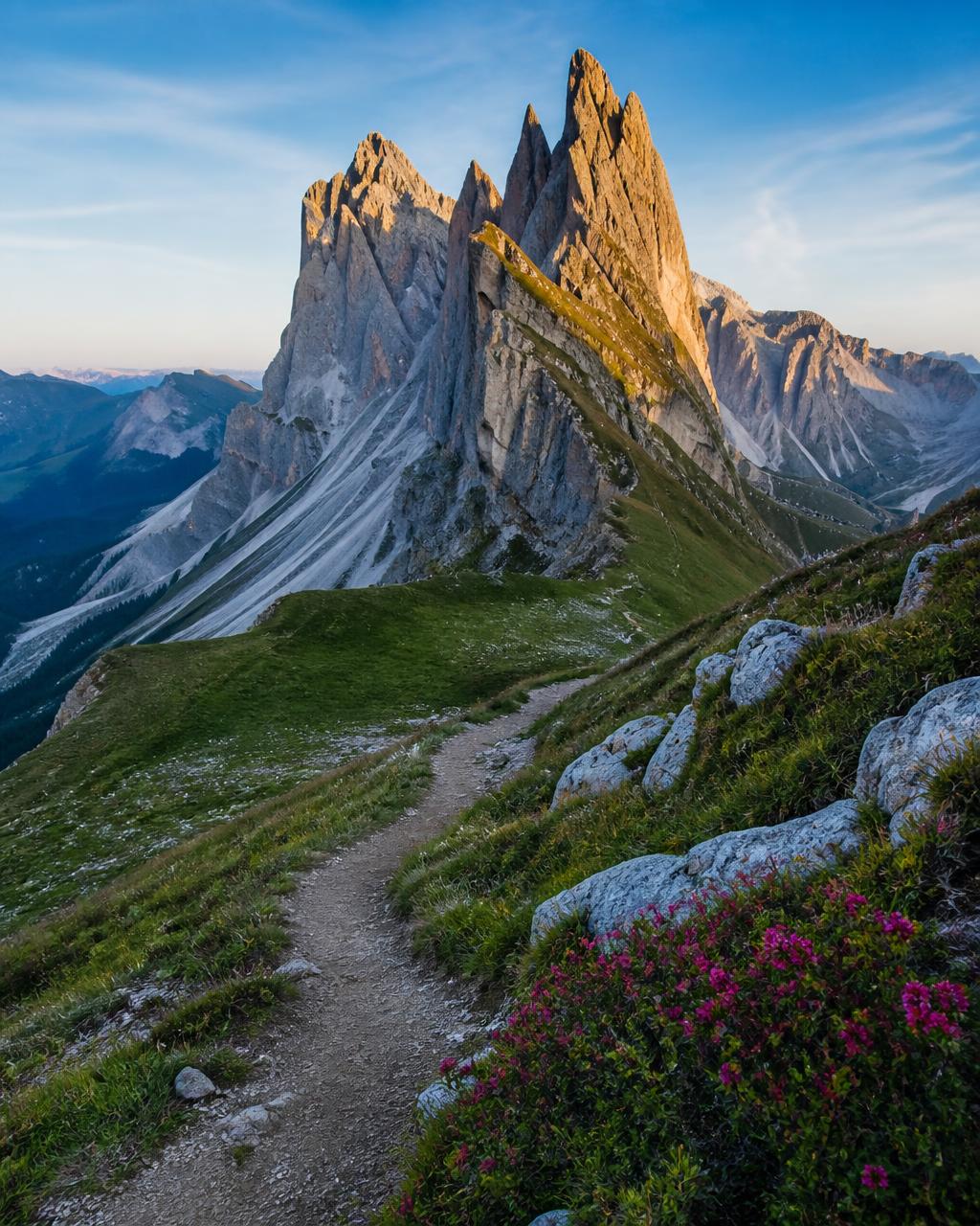 Dolomites mountain peaks at sunrise