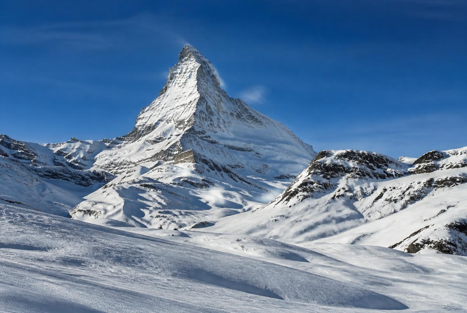 The Matterhorn above the snowy slopes of Breuil-Cervinia