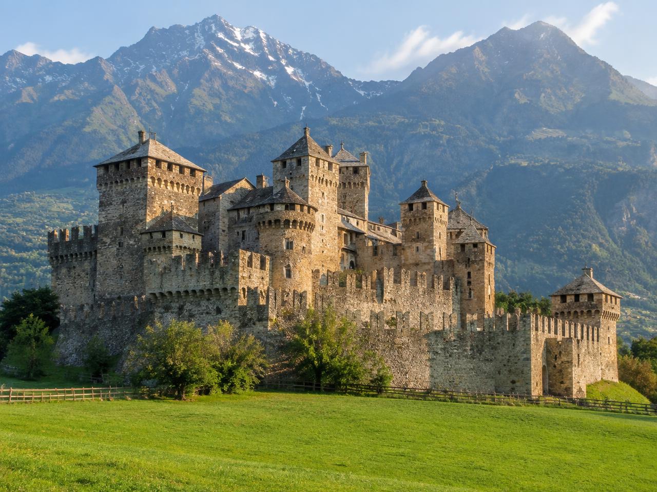 The medieval towers of Fénis Castle in the Aosta Valley