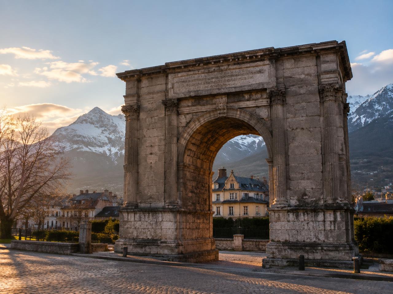 The Roman Arch of Augustus in Aosta with snow-capped Alps behind