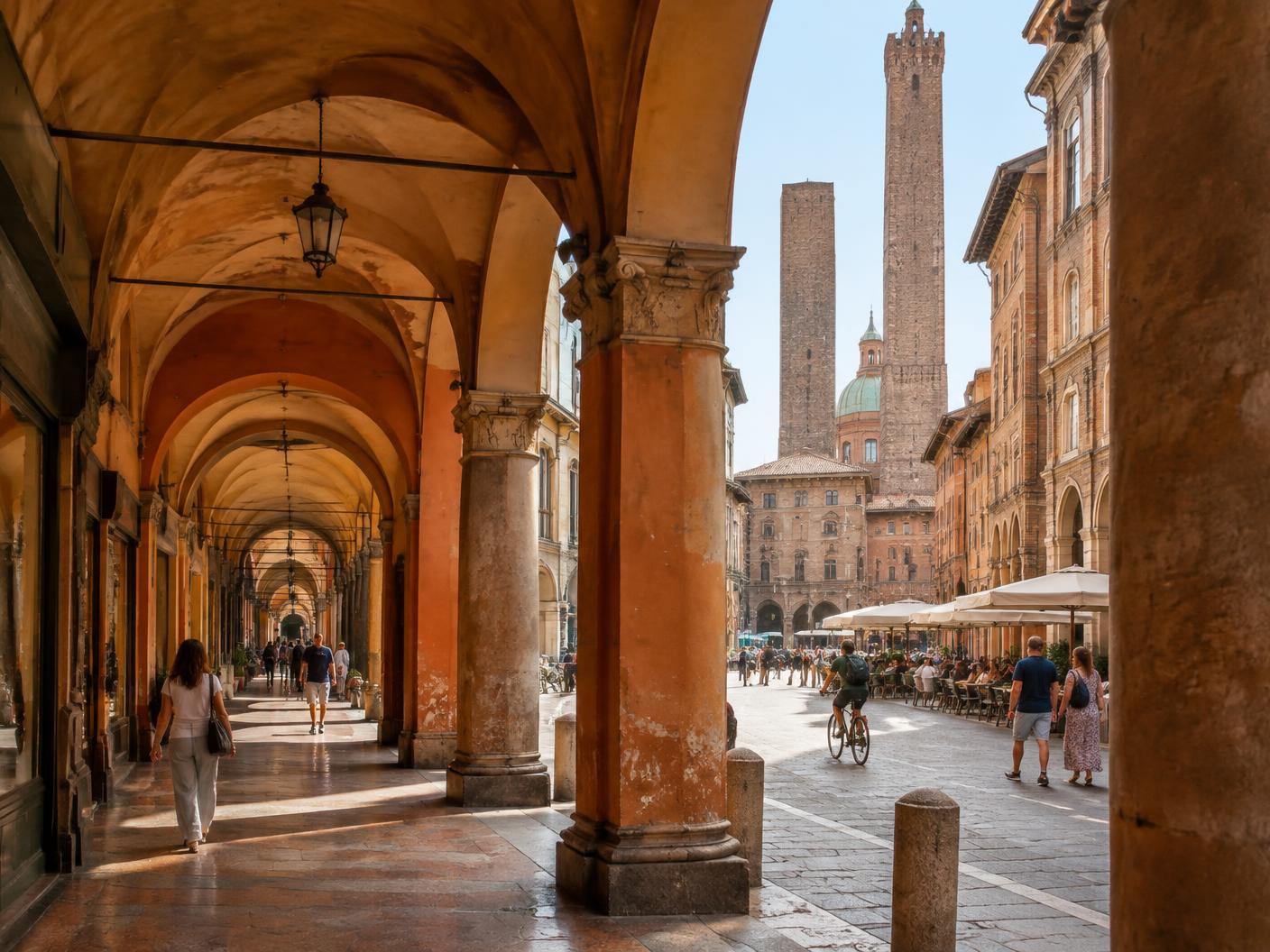 Historic porticoes and medieval towers in central Bologna