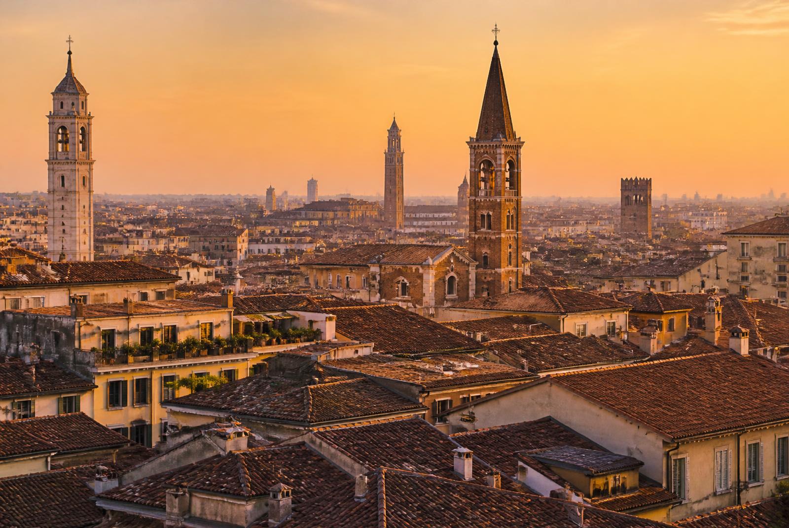 Rooftops and bell towers of Verona at golden hour