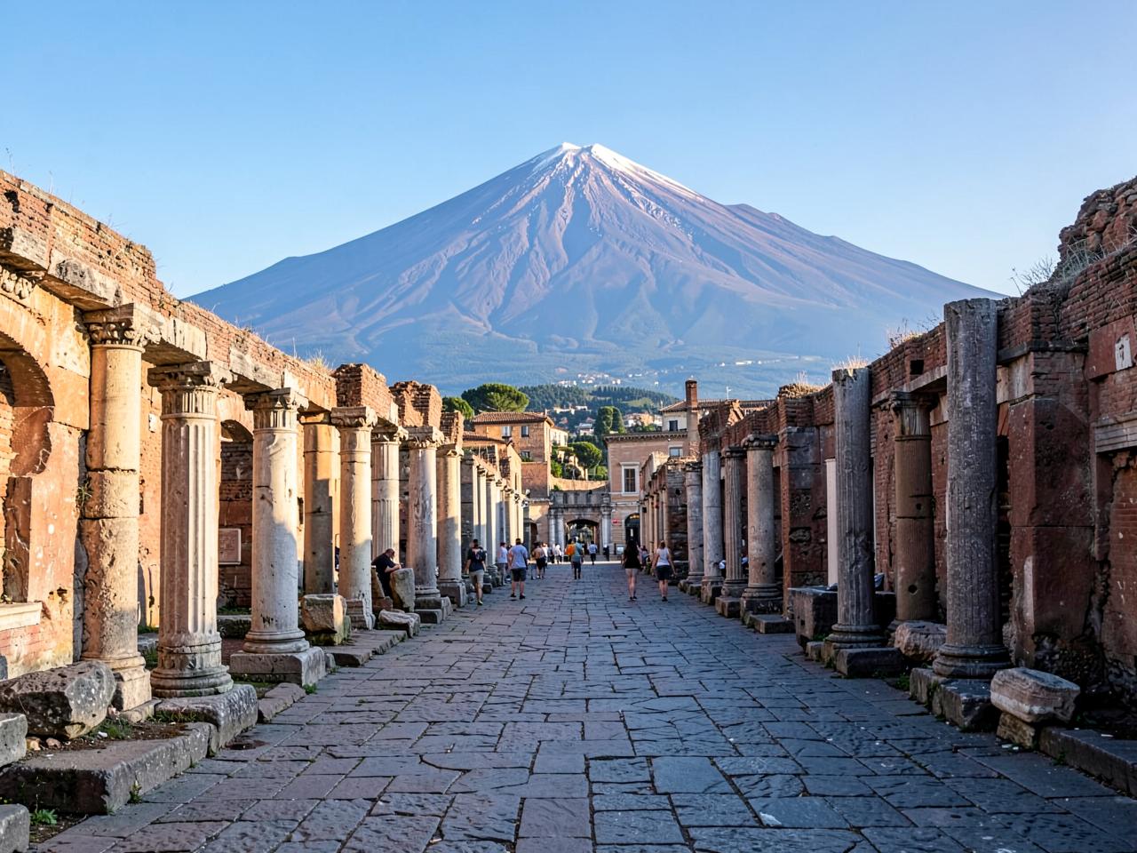A paved street in Pompeii with Vesuvius behind