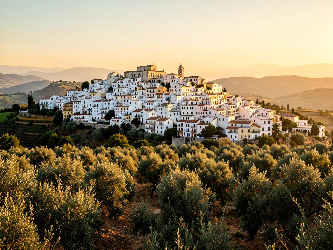 The white town of Ostuni above olive groves