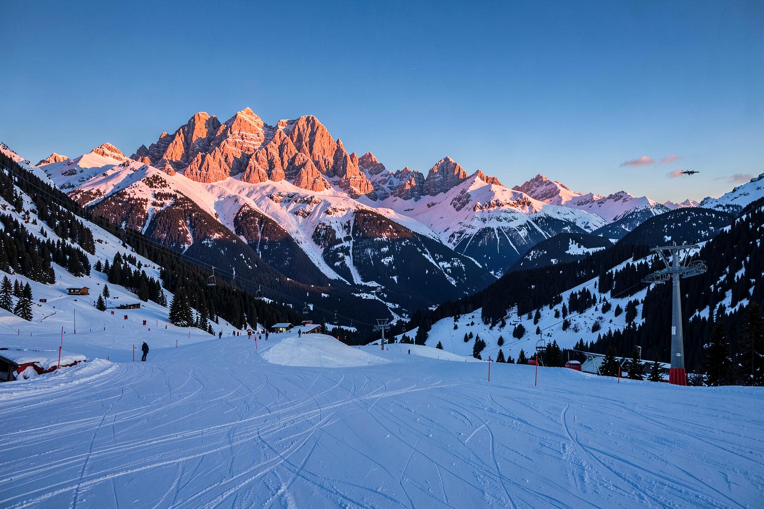 Groomed ski slope with the Brenta Dolomites glowing at sunset