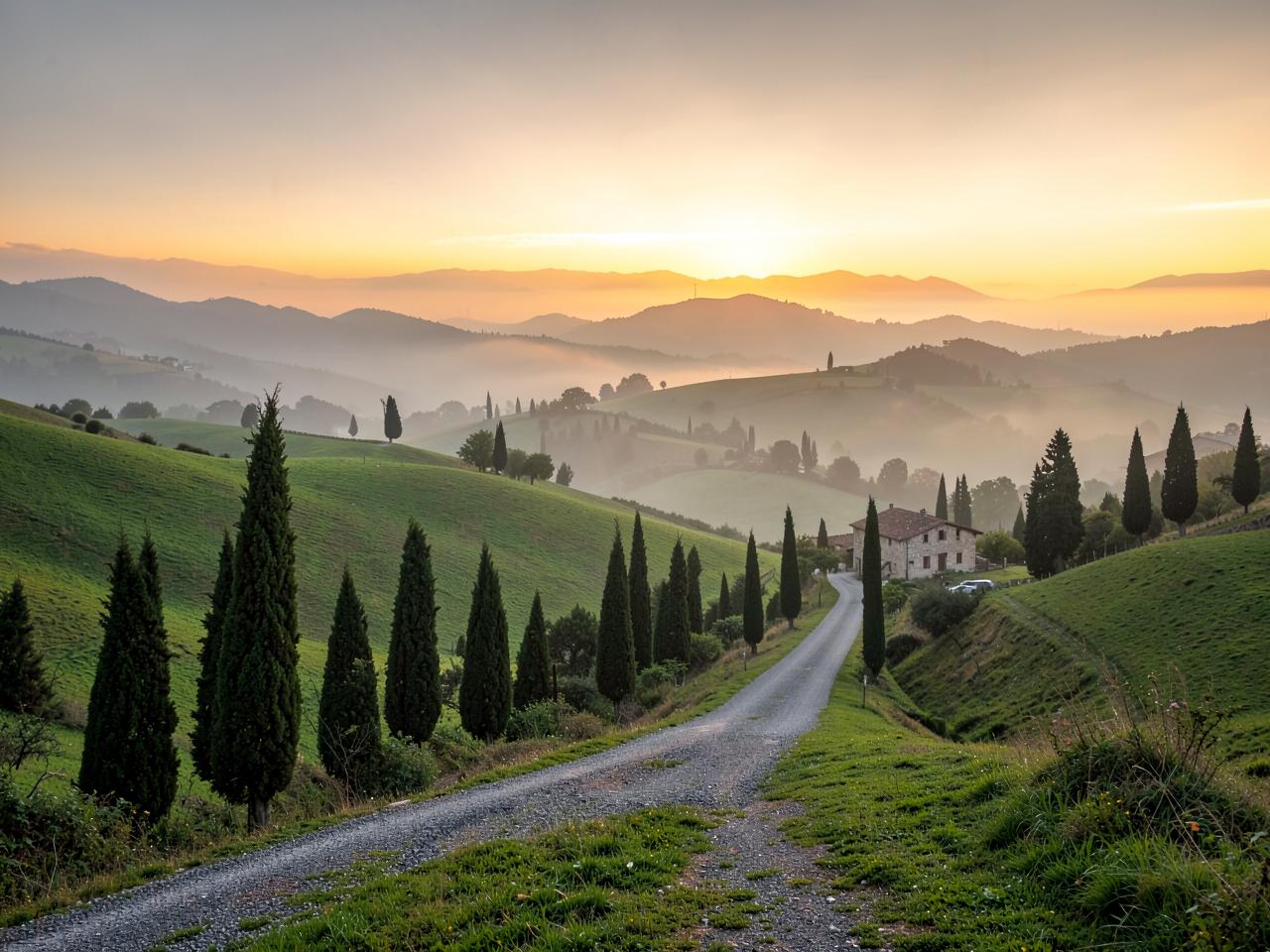 Cypress-lined road in the Val d'Orcia at sunrise